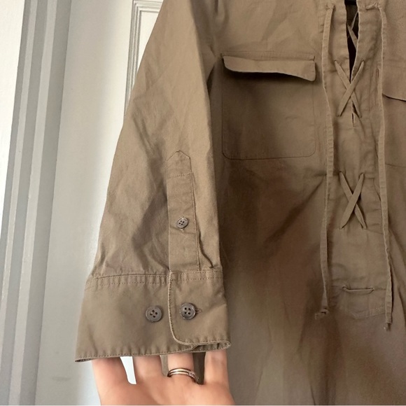 Theory Dress Womens  2 Green Jullitan poplin 3/4 Sleeve Lace-Up Mini Shift - Picture 4 of 8